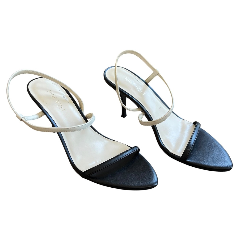 Nine West Black Cream Strappy Stiletto Sandals Pointed Toe Slingback Heels 7M